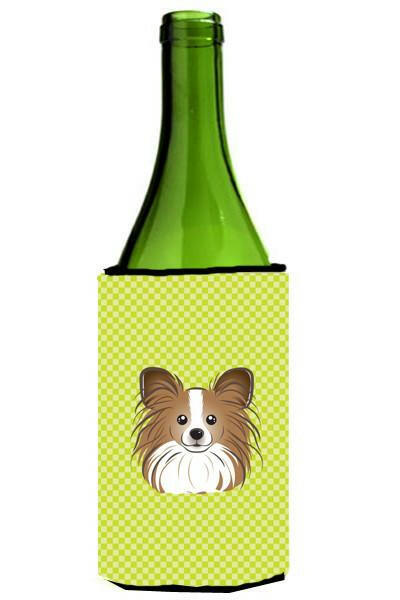 Checkerboard Lime Green Papillon Wine Bottle Beverage Insulator Hugger BB1310LITERK by Caroline&#39;s Treasures