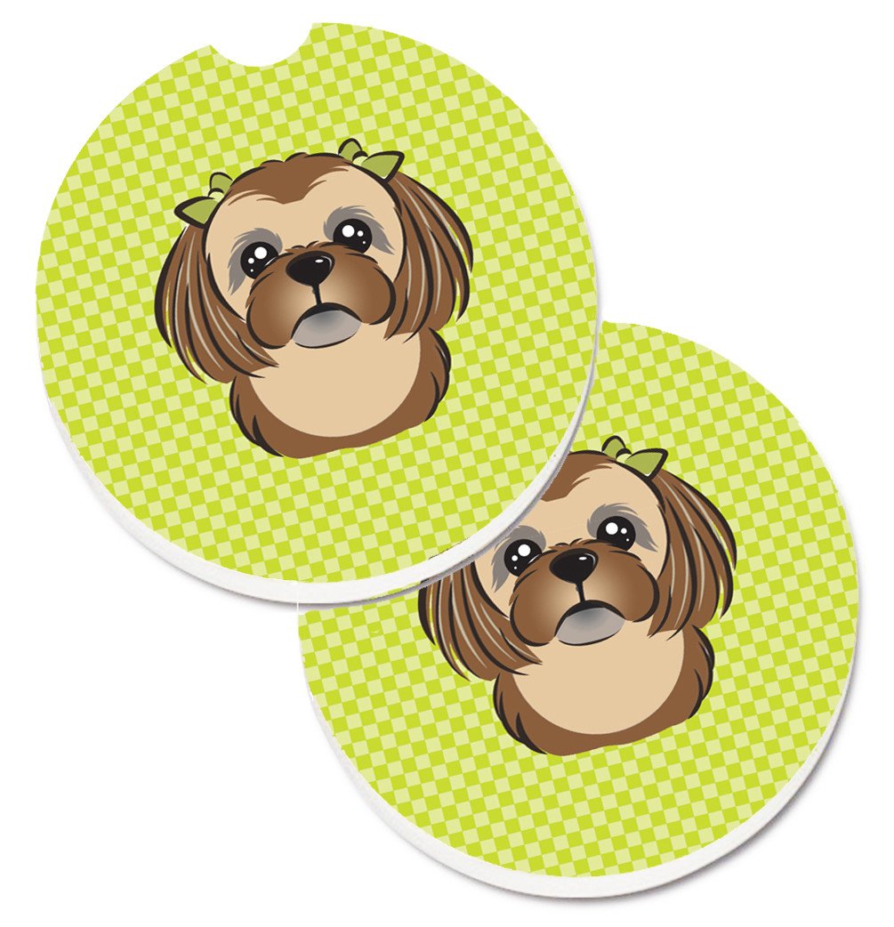 Checkerboard Lime Green Chocolate Brown Shih Tzu Set of 2 Cup Holder Car Coasters BB1311CARC by Caroline&#39;s Treasures