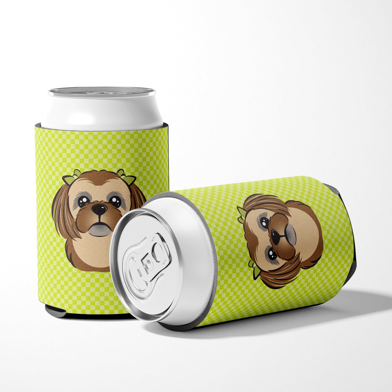 Checkerboard Lime Green Chocolate Brown Shih Tzu Can or Bottle Hugger BB1311CC.