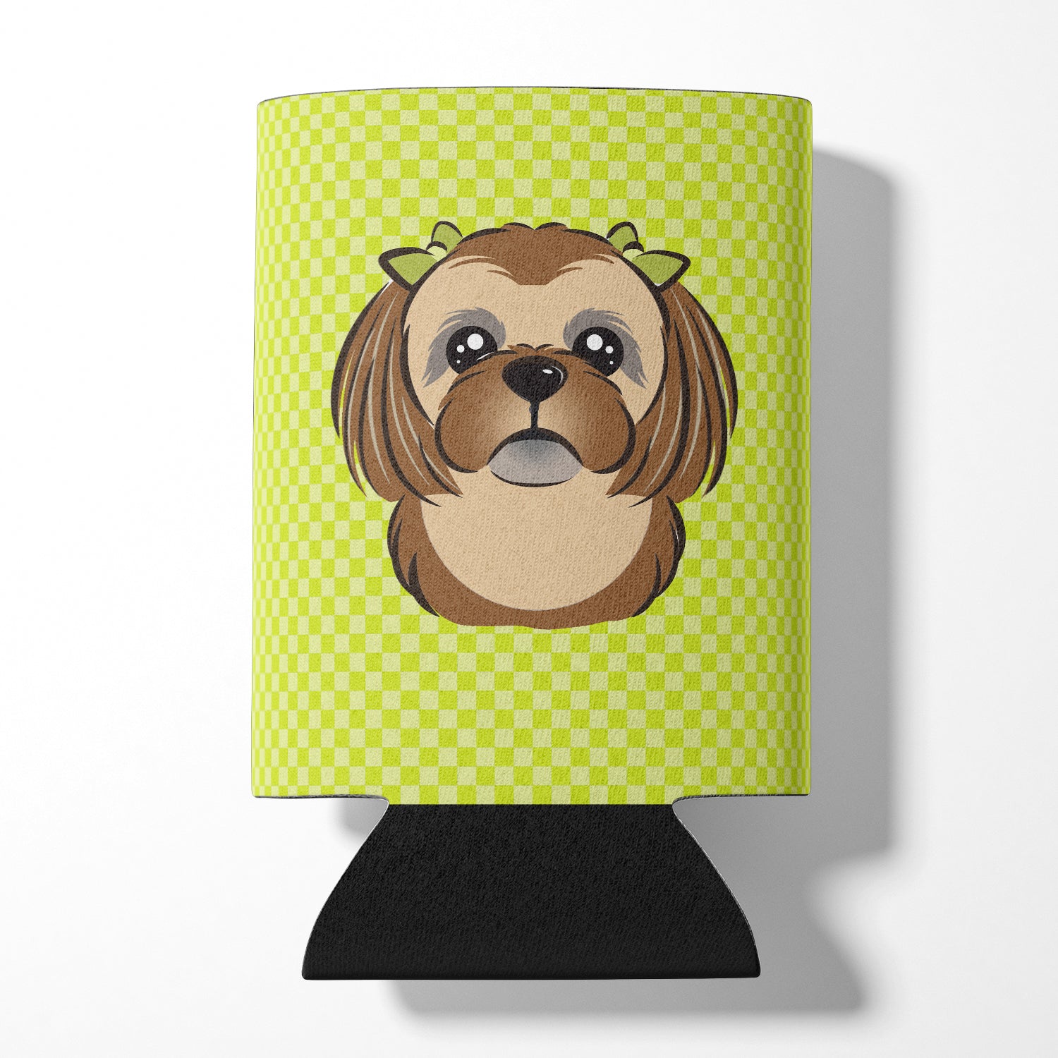 Checkerboard Lime Green Chocolate Brown Shih Tzu Can or Bottle Hugger BB1311CC