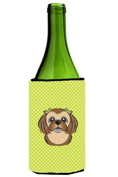 Checkerboard Lime Green Chocolate Brown Shih Tzu Wine Bottle Beverage Insulator Hugger by Caroline&#39;s Treasures