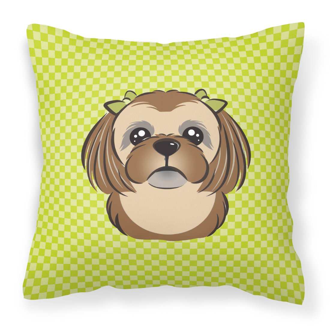 Checkerboard Lime Green Chocolate Brown Shih Tzu Canvas Fabric Decorative Pillow by Caroline&#39;s Treasures