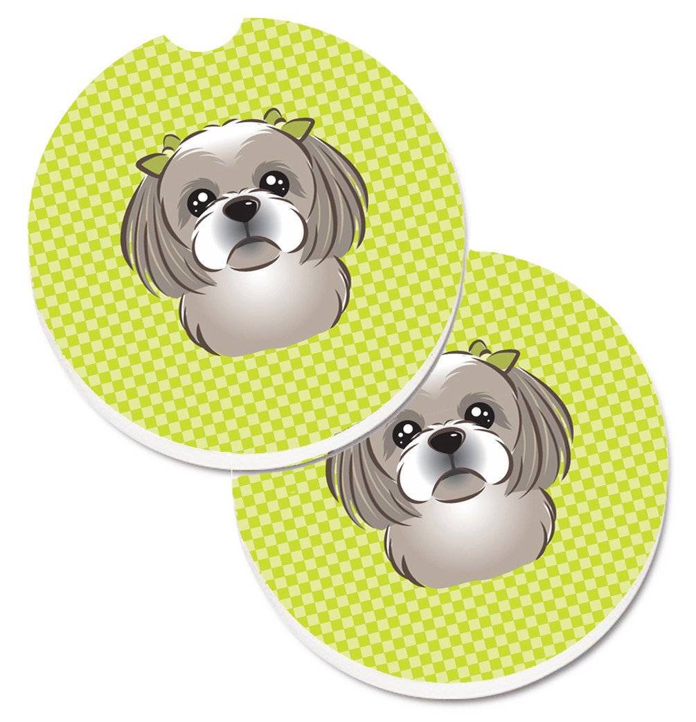Checkerboard Lime Green Gray Silver Shih Tzu Set of 2 Cup Holder Car Coasters BB1312CARC by Caroline&#39;s Treasures