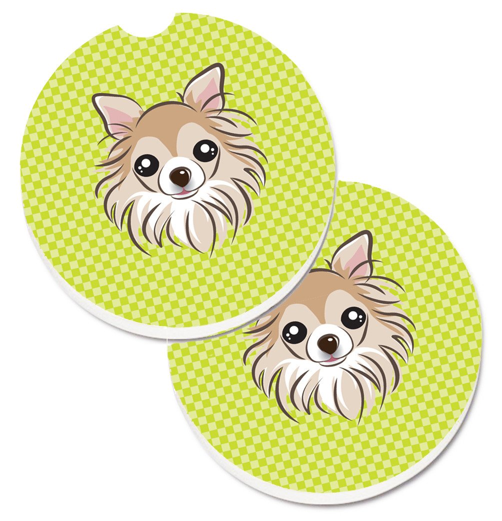 Checkerboard Lime Green Chihuahua Set of 2 Cup Holder Car Coasters BB1313CARC by Caroline&#39;s Treasures