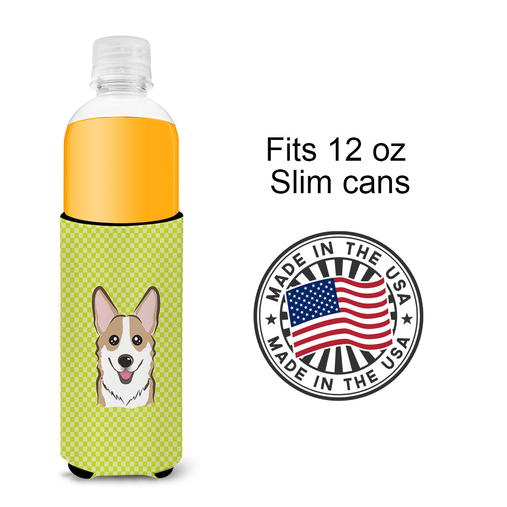 Checkerboard Lime Green Corgi Ultra Beverage Insulators for slim cans BB1315MUK.