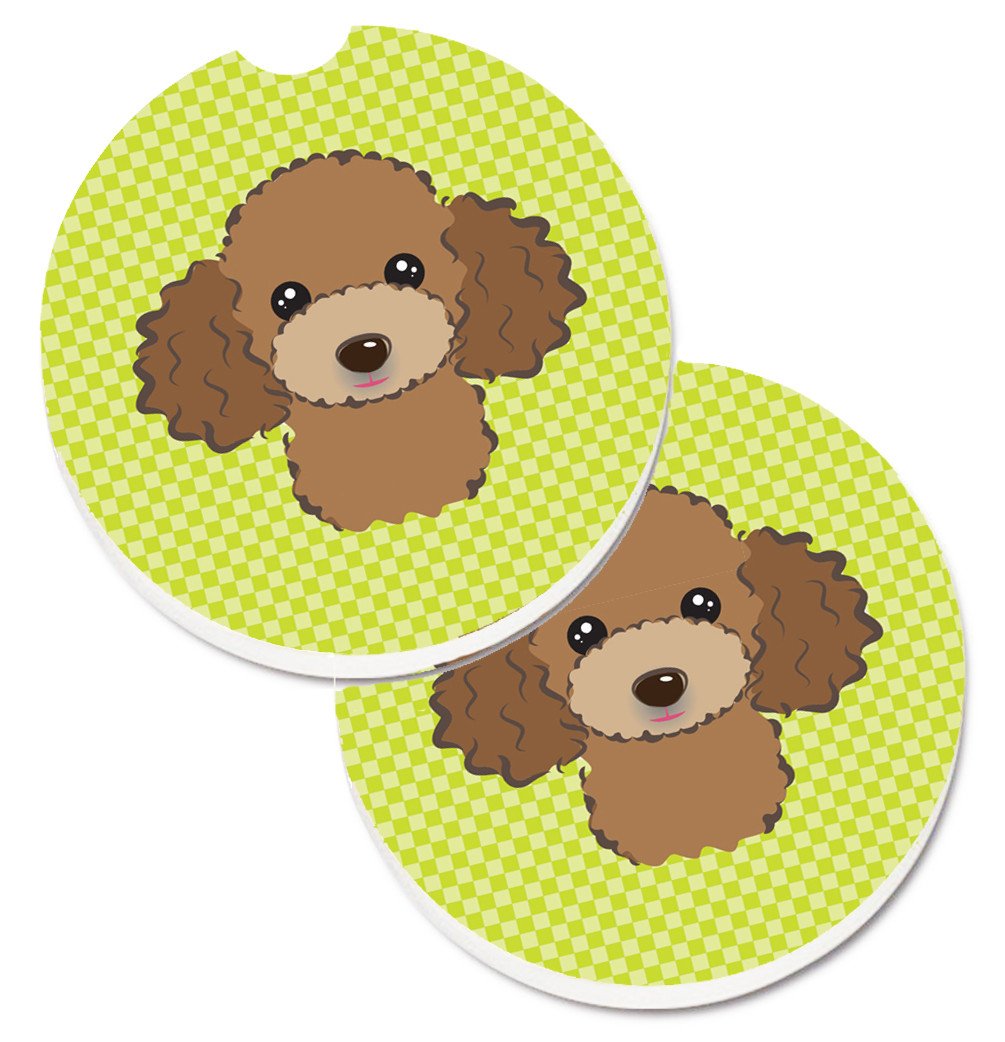 Checkerboard Lime Green Chocolate Brown Poodle Set of 2 Cup Holder Car Coasters BB1318CARC by Caroline&#39;s Treasures