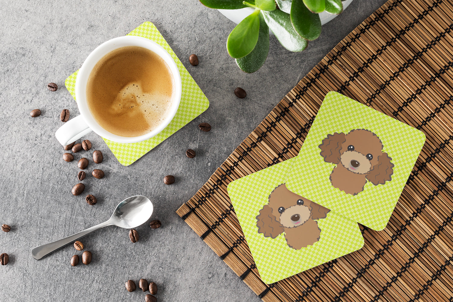 Set of 4 Checkerboard Lime Green Chocolate Brown Poodle Foam Coasters BB1318FC - the-store.com