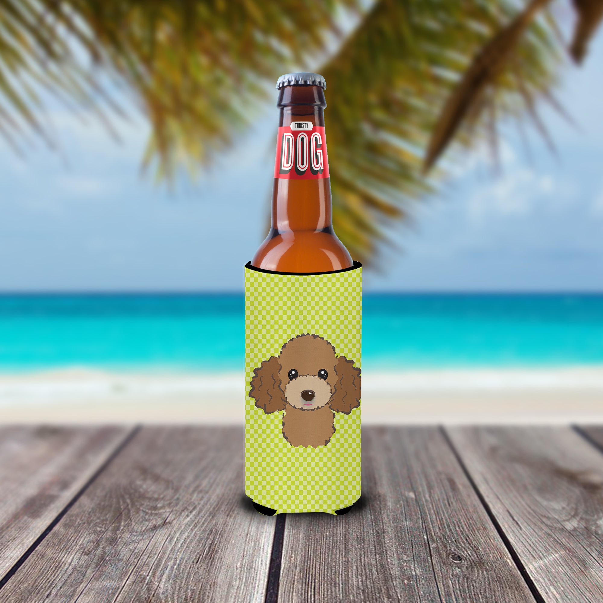 Checkerboard Lime Green Chocolate Poodle Ultra Beverage Insulators for slim cans.