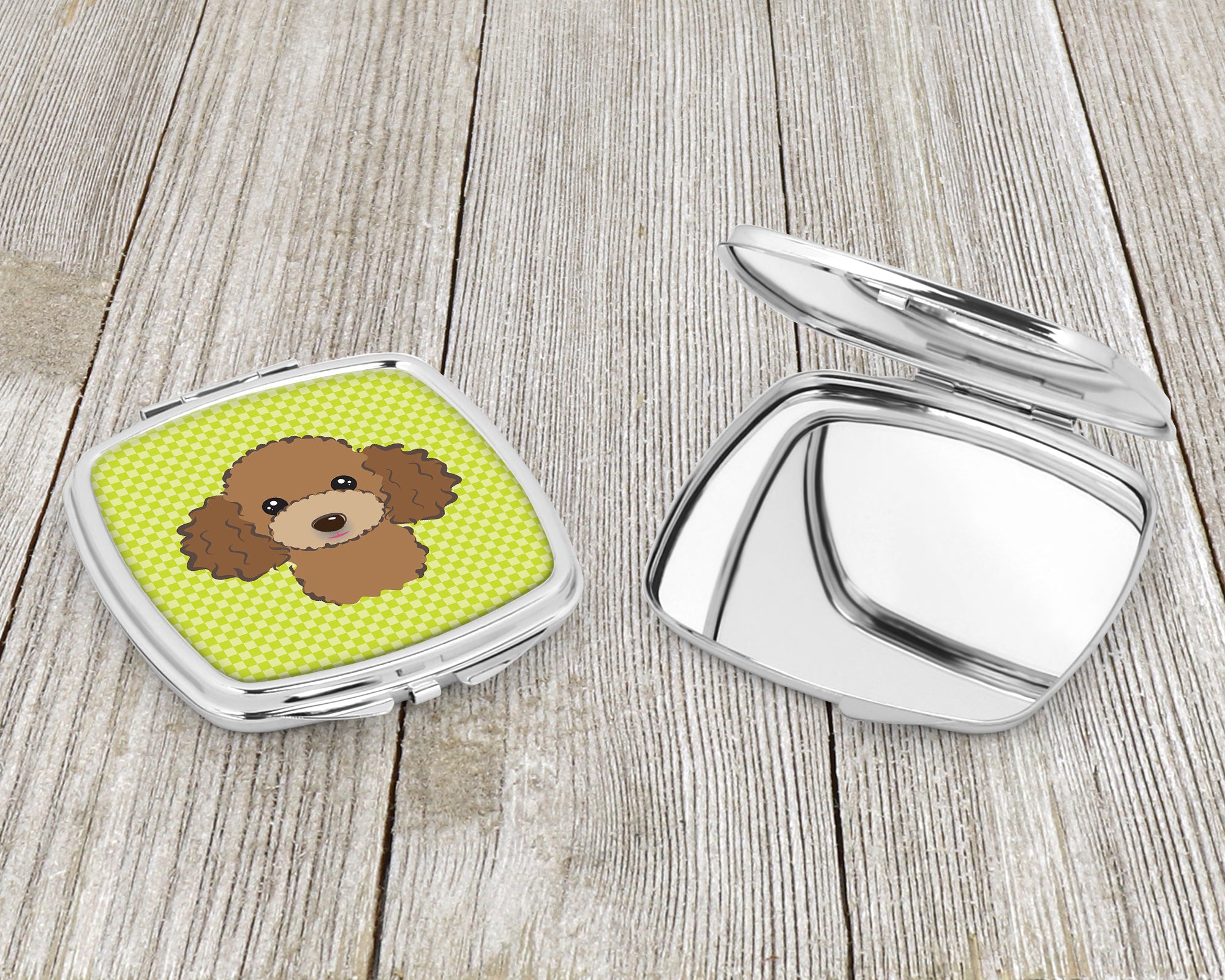 Checkerboard Lime Green Chocolate Brown Poodle Compact Mirror BB1318SCM  the-store.com.