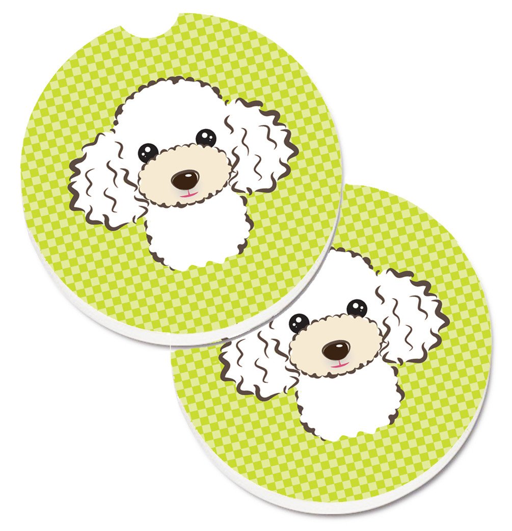 Checkerboard Lime Green White Poodle Set of 2 Cup Holder Car Coasters BB1319CARC by Caroline&#39;s Treasures