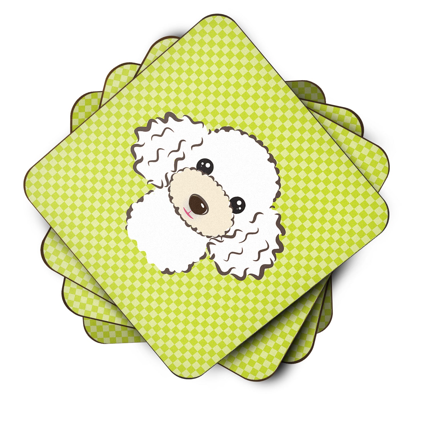Set of 4 Checkerboard Lime Green White Poodle Foam Coasters BB1319FC - the-store.com