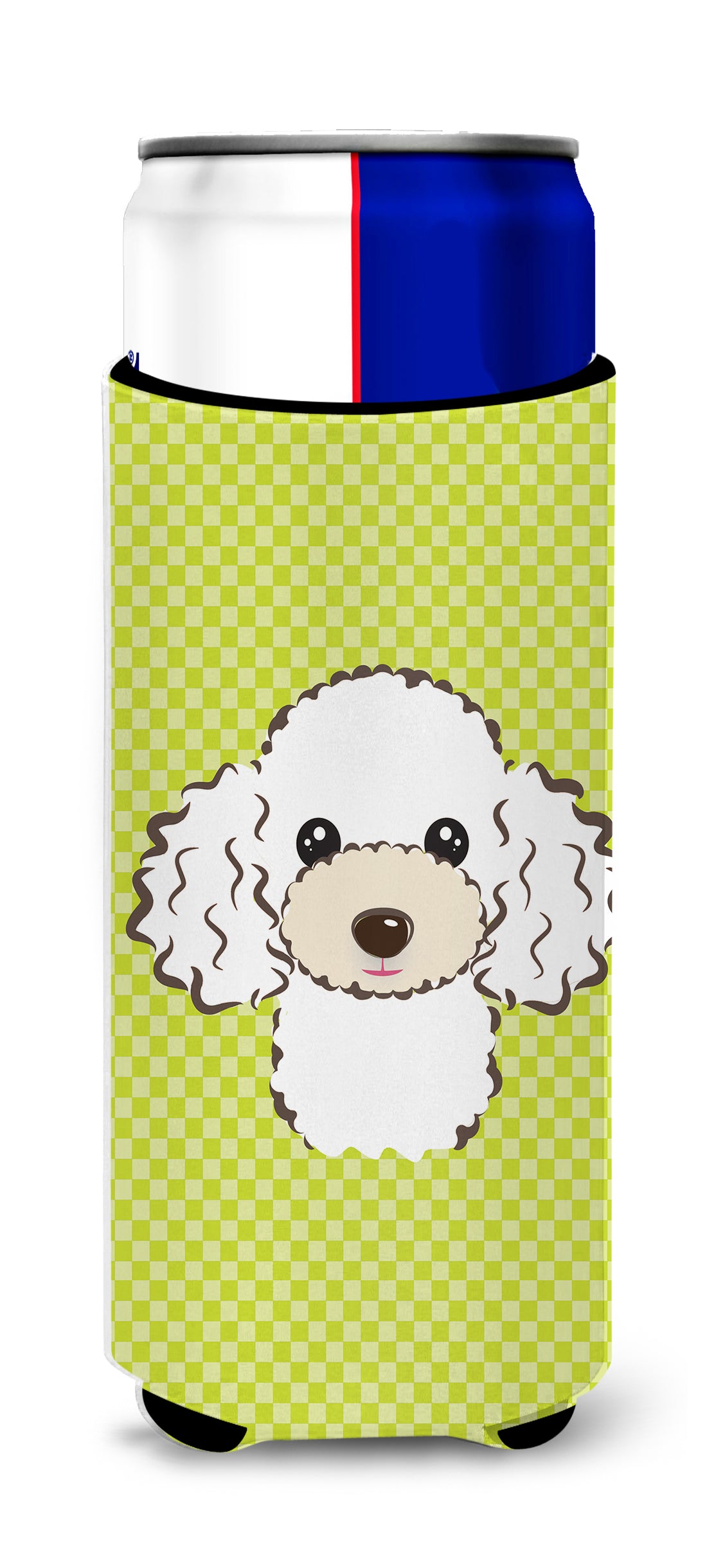 Checkerboard Lime Green White Poodle Ultra Beverage Insulators for slim cans.