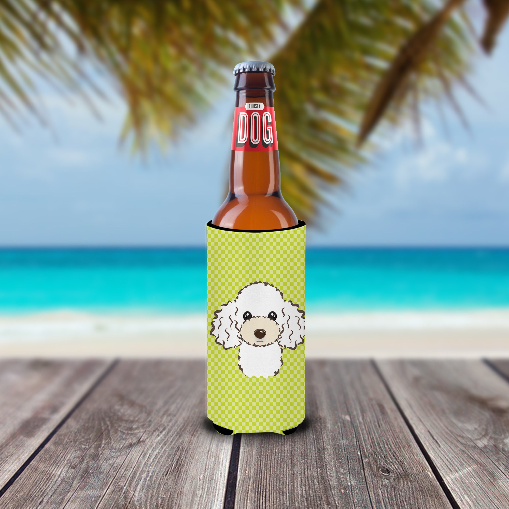 Checkerboard Lime Green White Poodle Ultra Beverage Insulators for slim cans