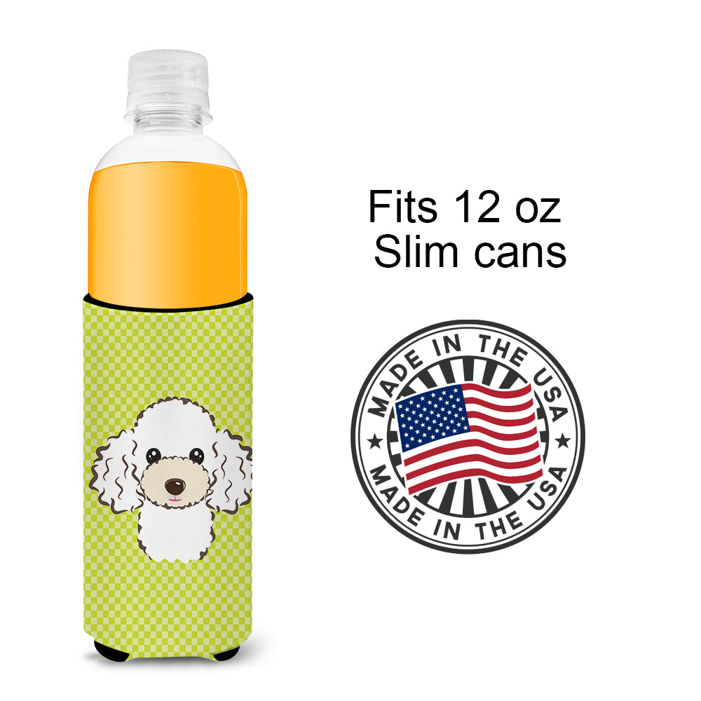 Checkerboard Lime Green White Poodle Ultra Beverage Insulators for slim cans