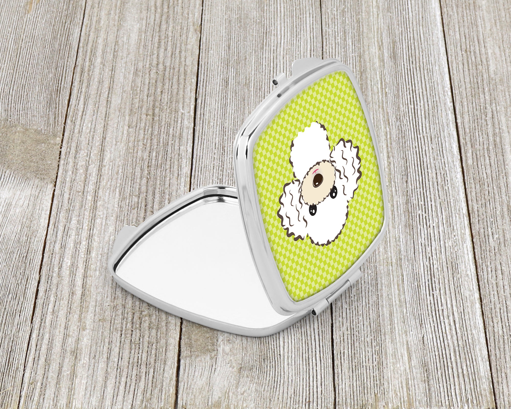 Checkerboard Lime Green White Poodle Compact Mirror BB1319SCM  the-store.com.