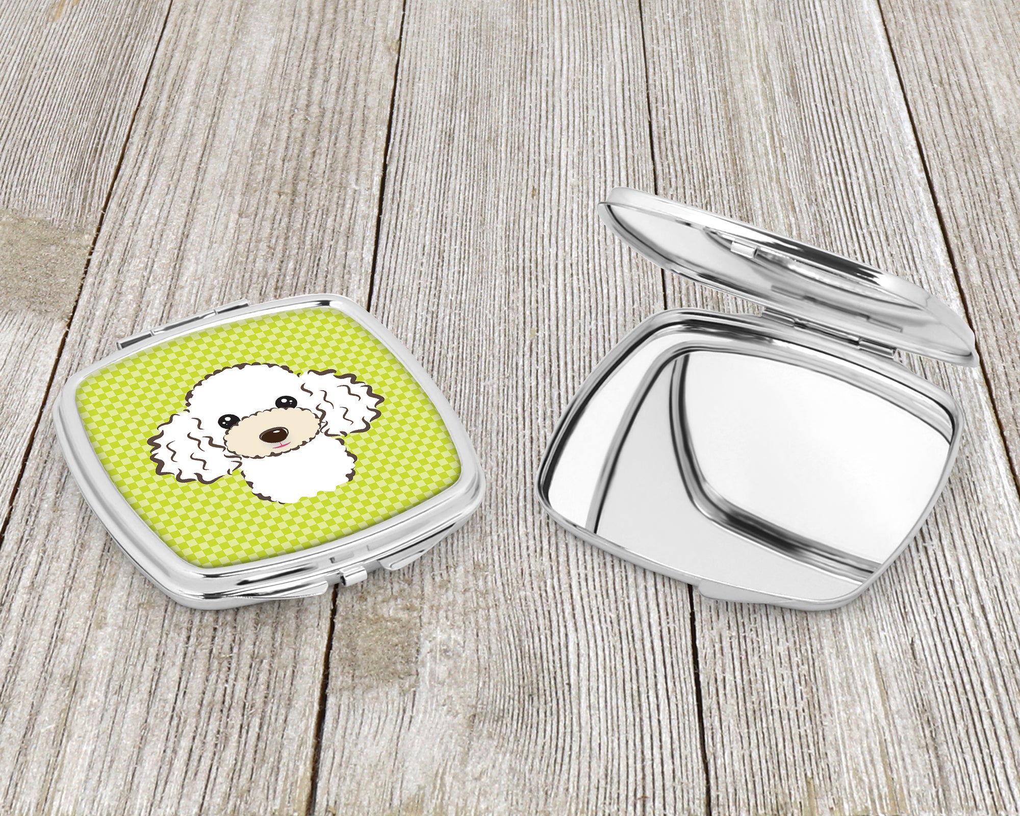 Checkerboard Lime Green White Poodle Compact Mirror BB1319SCM  the-store.com.