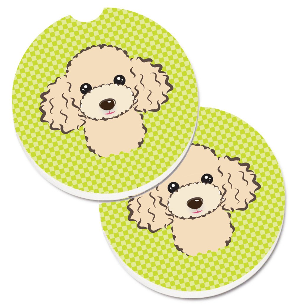 Checkerboard Lime Green Buff Poodle Set of 2 Cup Holder Car Coasters BB1320CARC by Caroline&#39;s Treasures