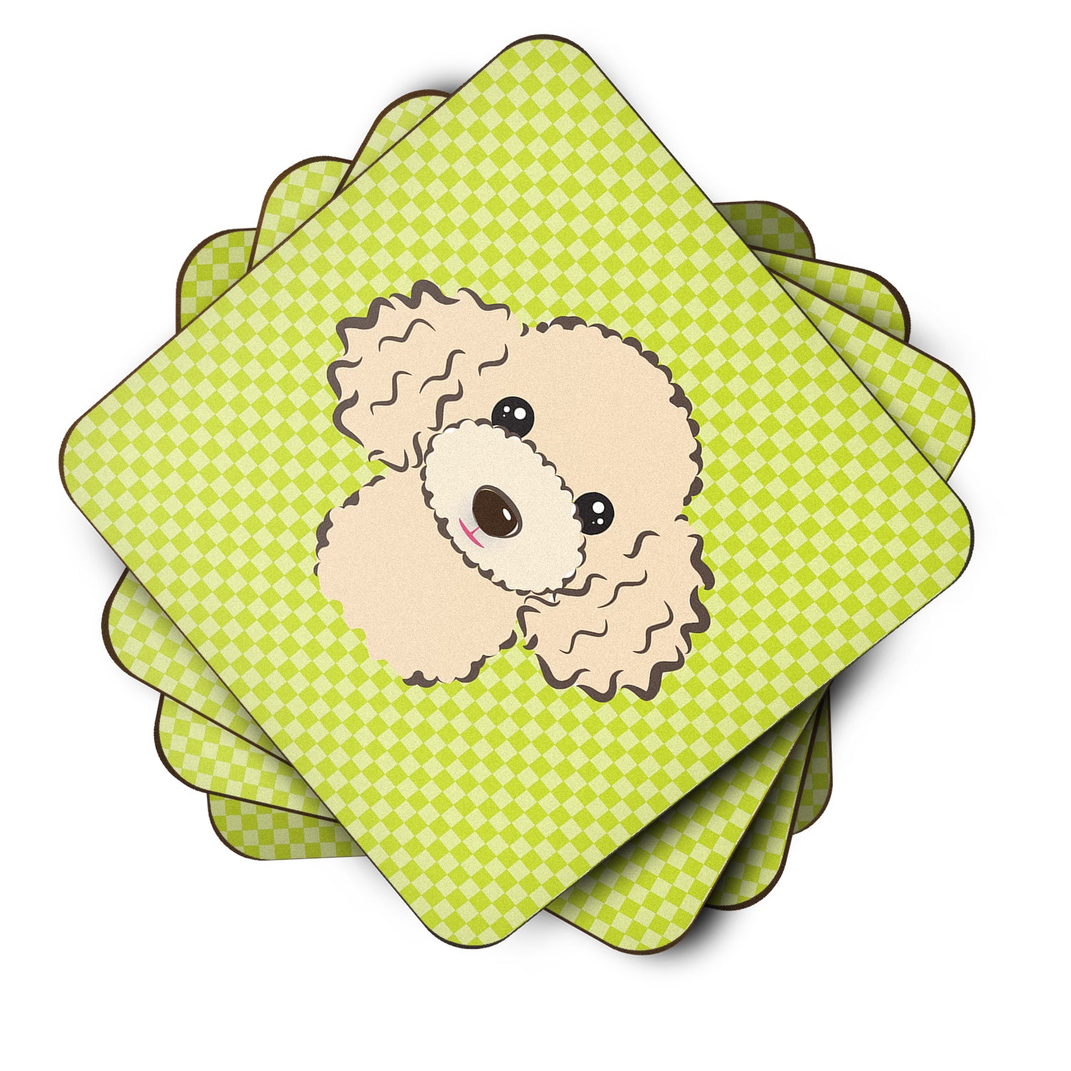 Set of 4 Checkerboard Lime Green Buff Poodle Foam Coasters BB1320FC - the-store.com