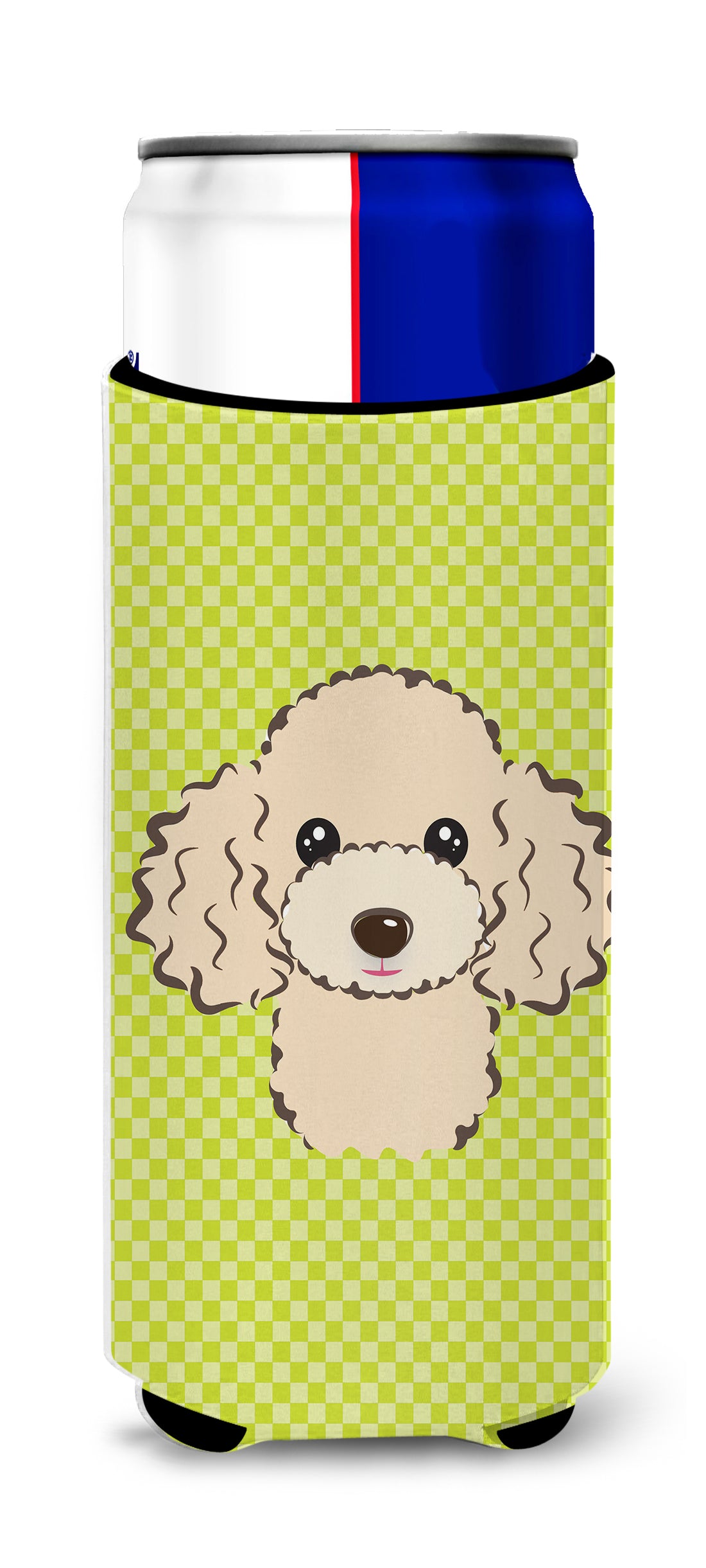 Checkerboard Lime Green Buff Poodle Ultra Beverage Insulators for slim cans.