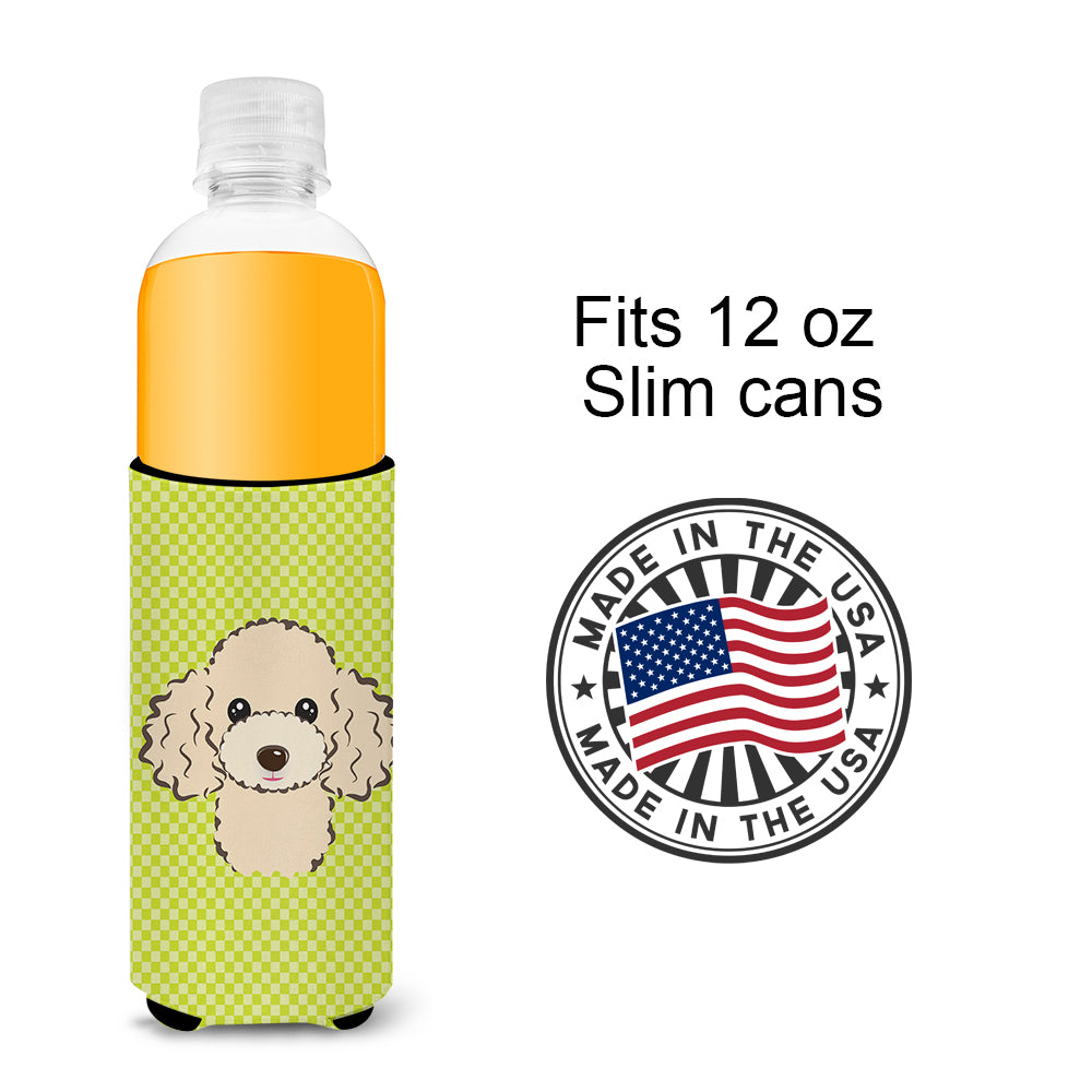 Checkerboard Lime Green Buff Poodle Ultra Beverage Insulators for slim cans.