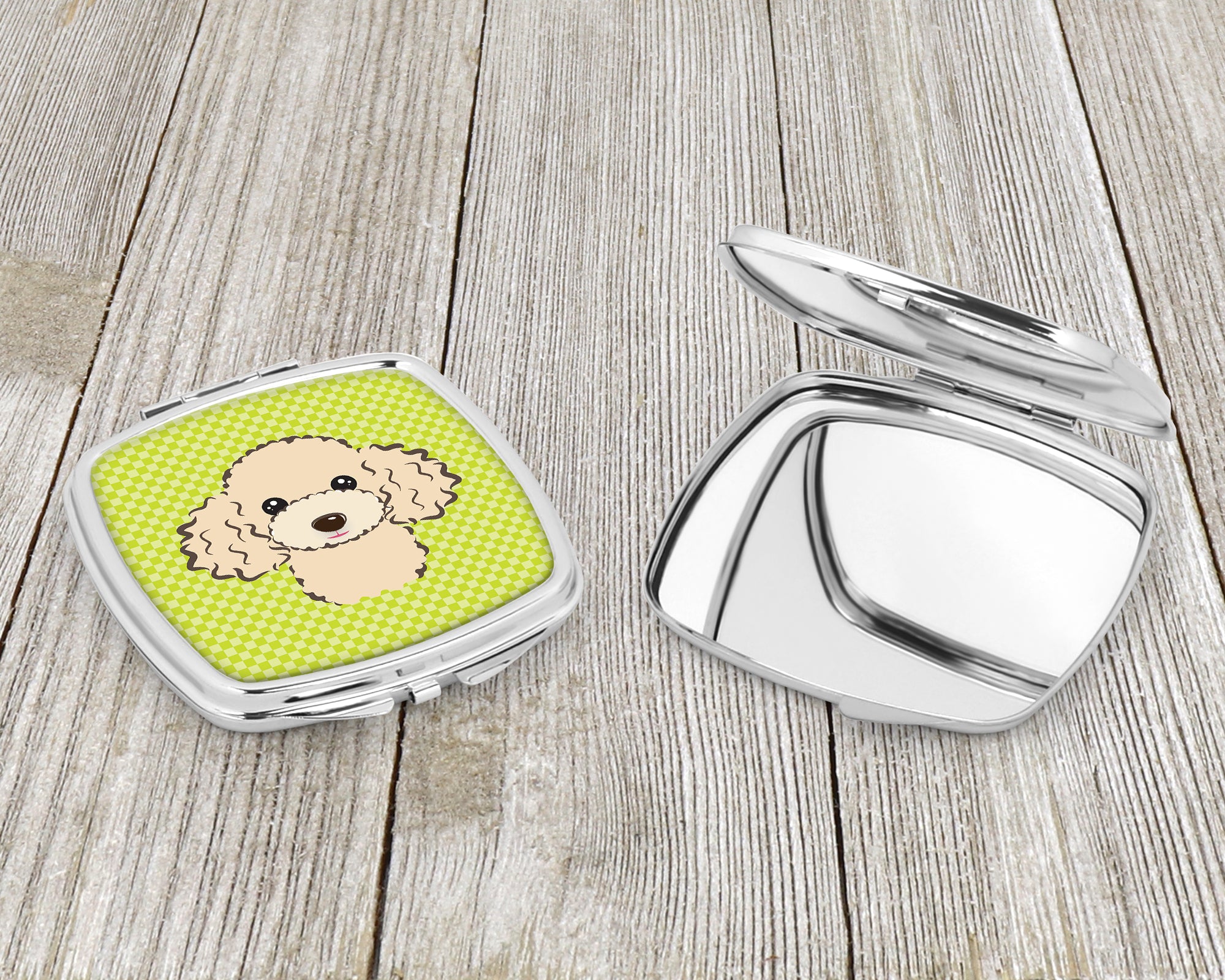Checkerboard Lime Green Buff Poodle Compact Mirror BB1320SCM  the-store.com.