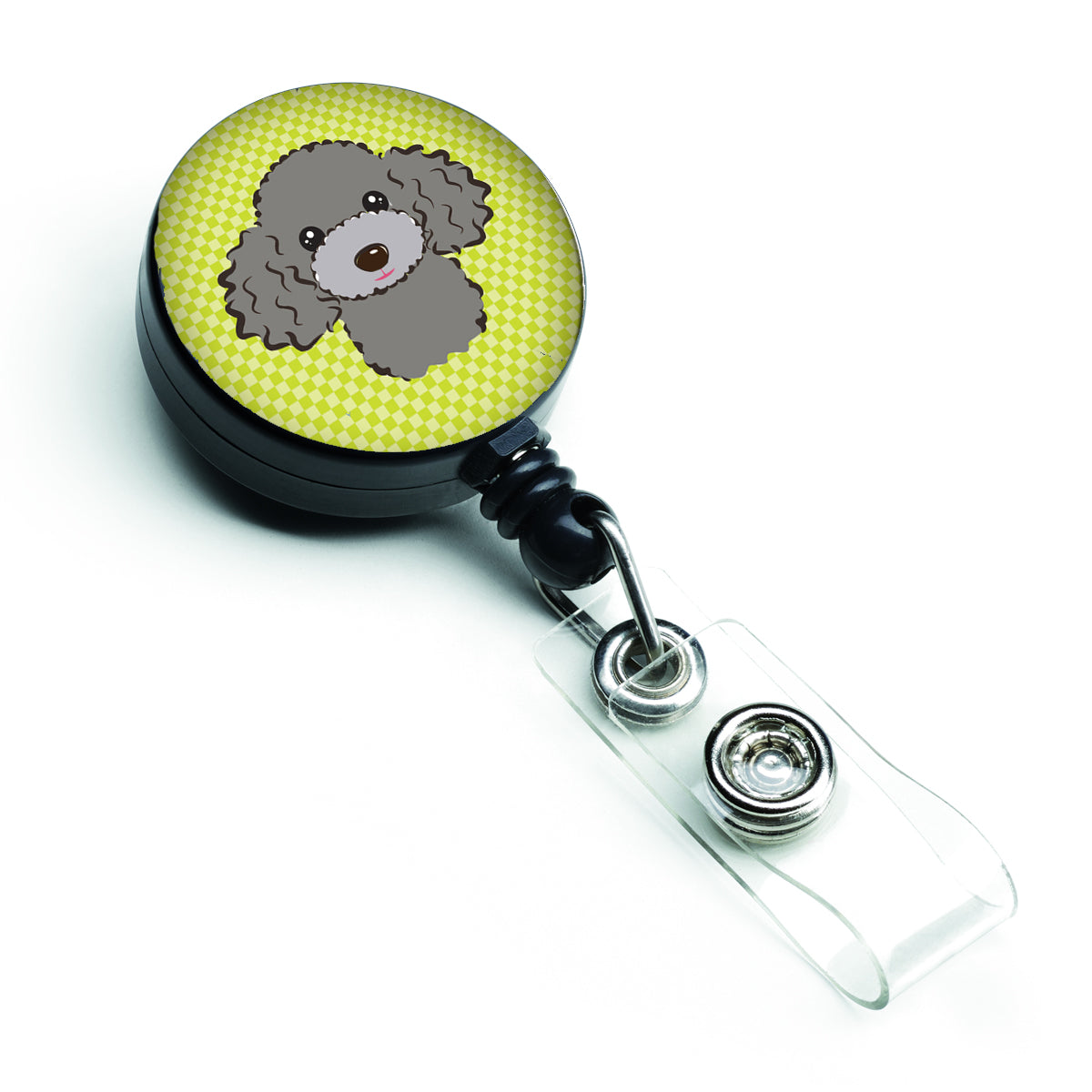 Checkerboard Lime Green Silver Gray Poodle Retractable Badge Reel BB1321BR