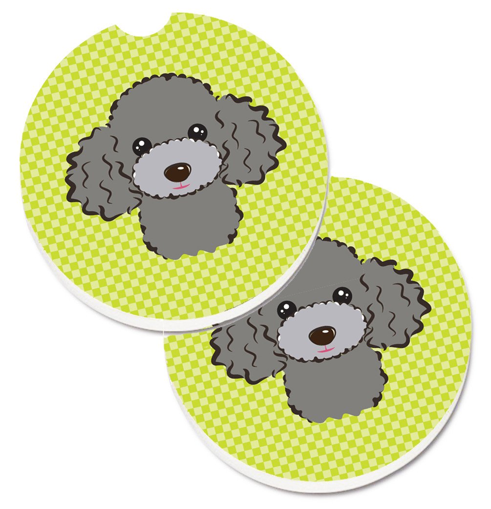 Checkerboard Lime Green Silver Gray Poodle Set of 2 Cup Holder Car Coasters BB1321CARC by Caroline&#39;s Treasures