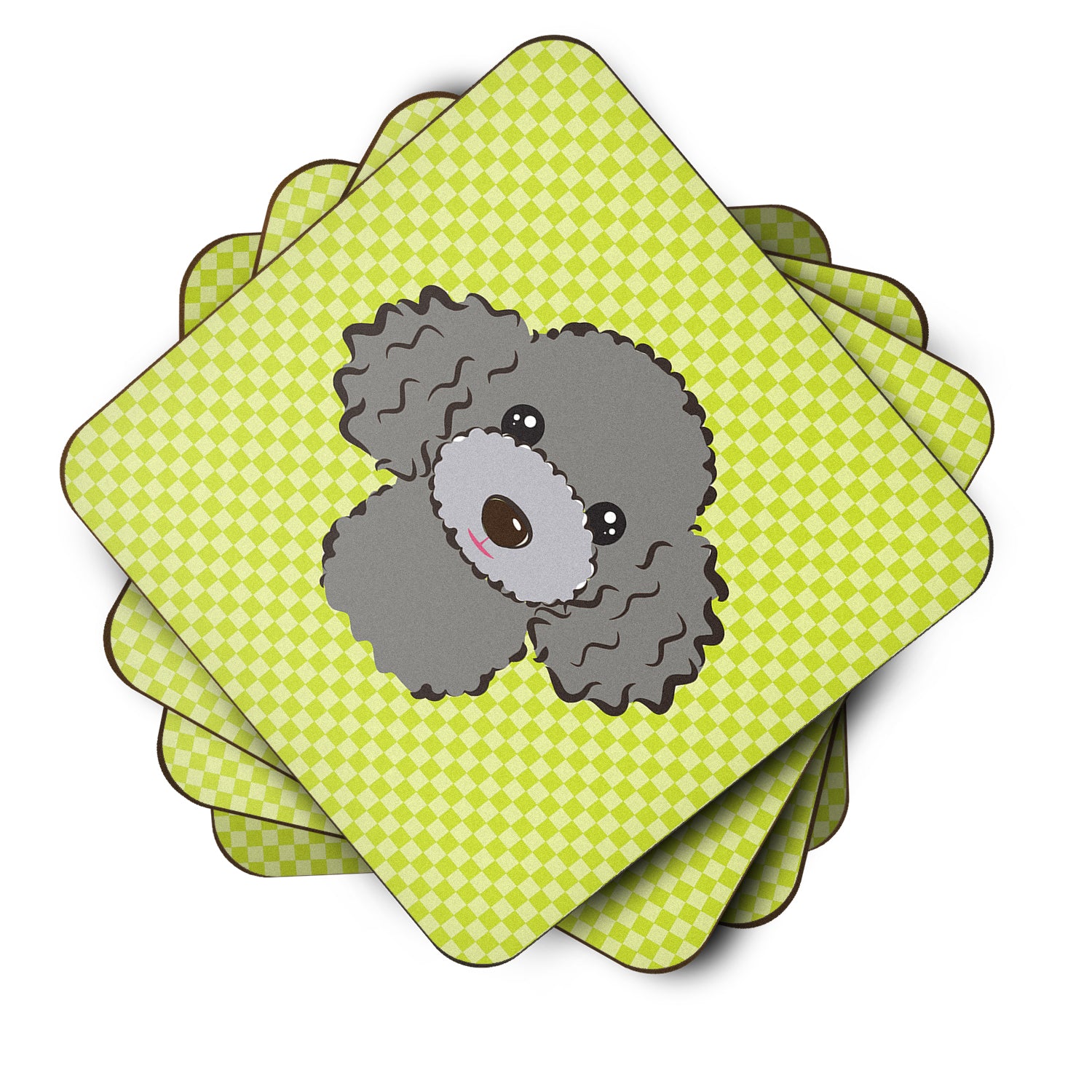 Set of 4 Checkerboard Lime Green Silver Gray Poodle Foam Coasters BB1321FC - the-store.com