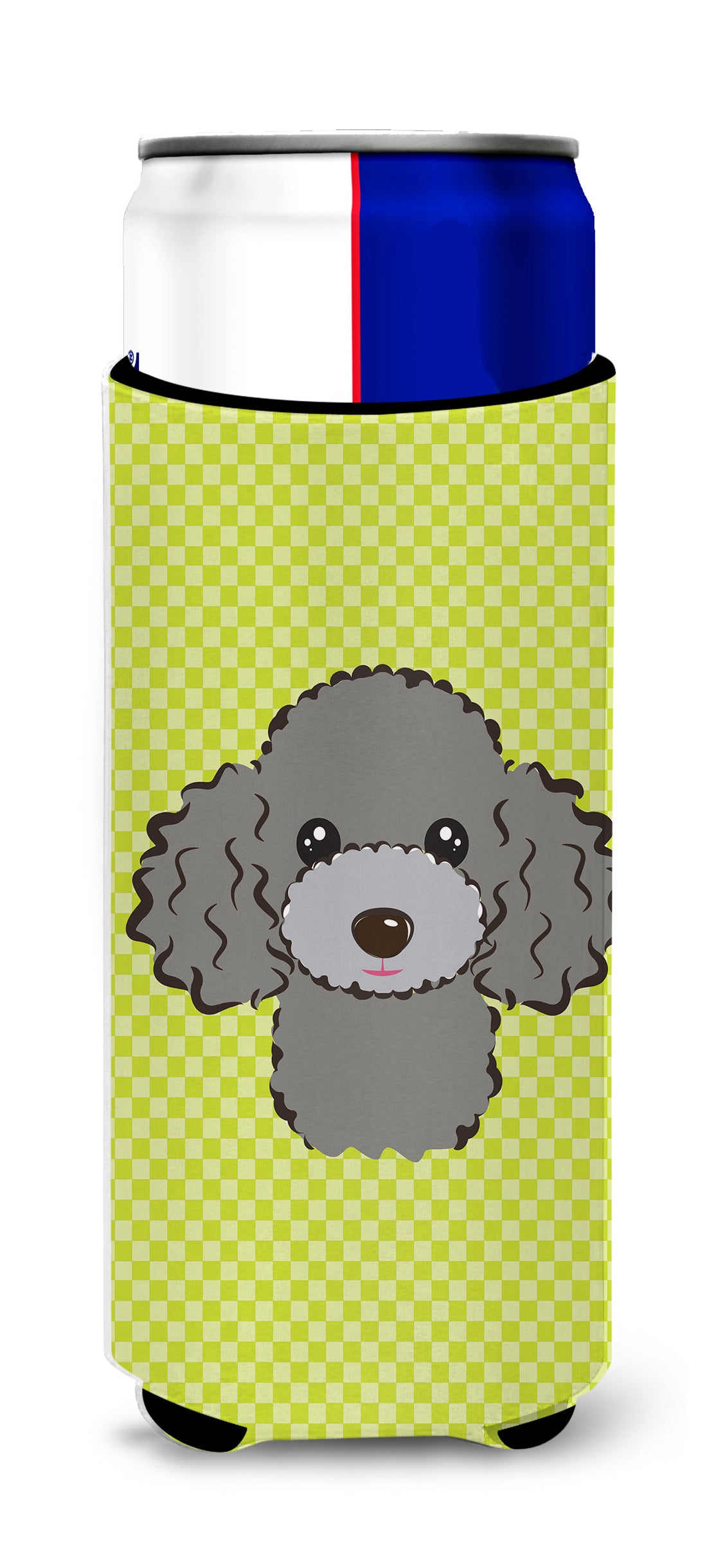 Checkerboard Lime Green Silver Gray Poodle Ultra Beverage Insulators for slim cans.