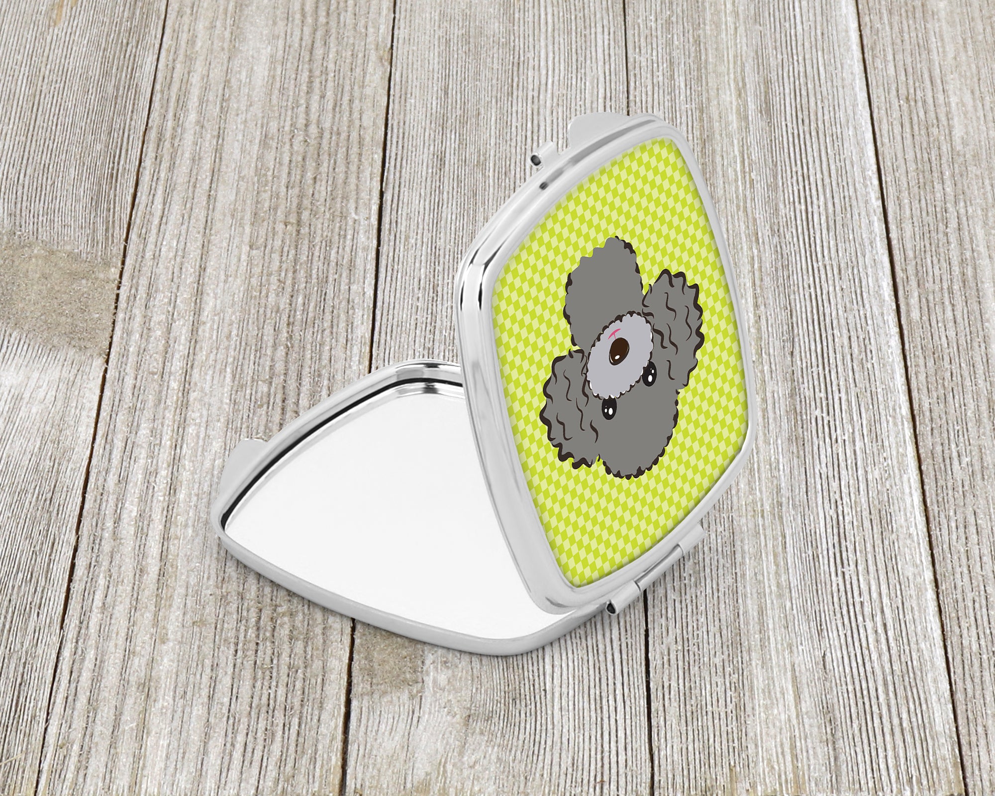 Checkerboard Lime Green Silver Gray Poodle Compact Mirror BB1321SCM  the-store.com.