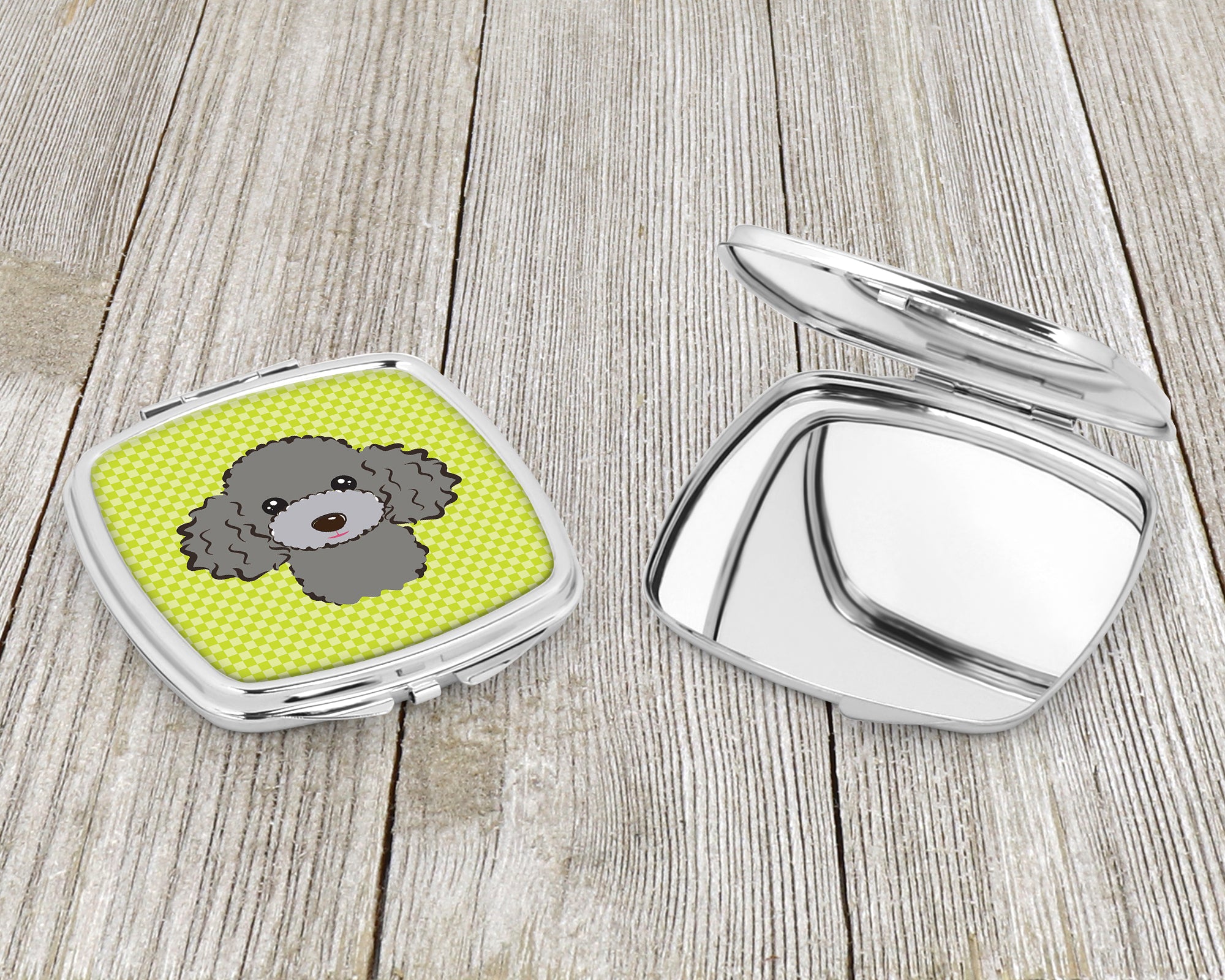 Checkerboard Lime Green Silver Gray Poodle Compact Mirror BB1321SCM