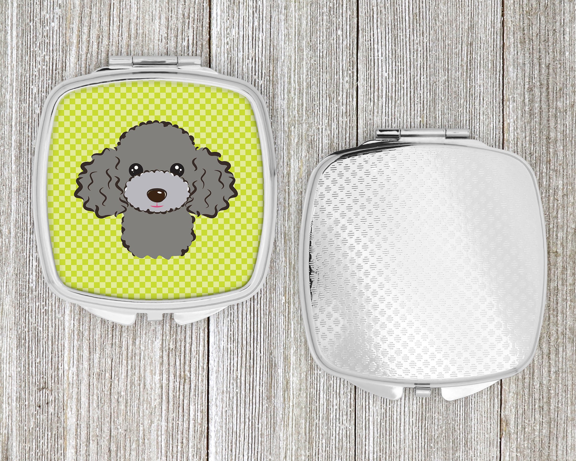 Checkerboard Lime Green Silver Gray Poodle Compact Mirror BB1321SCM