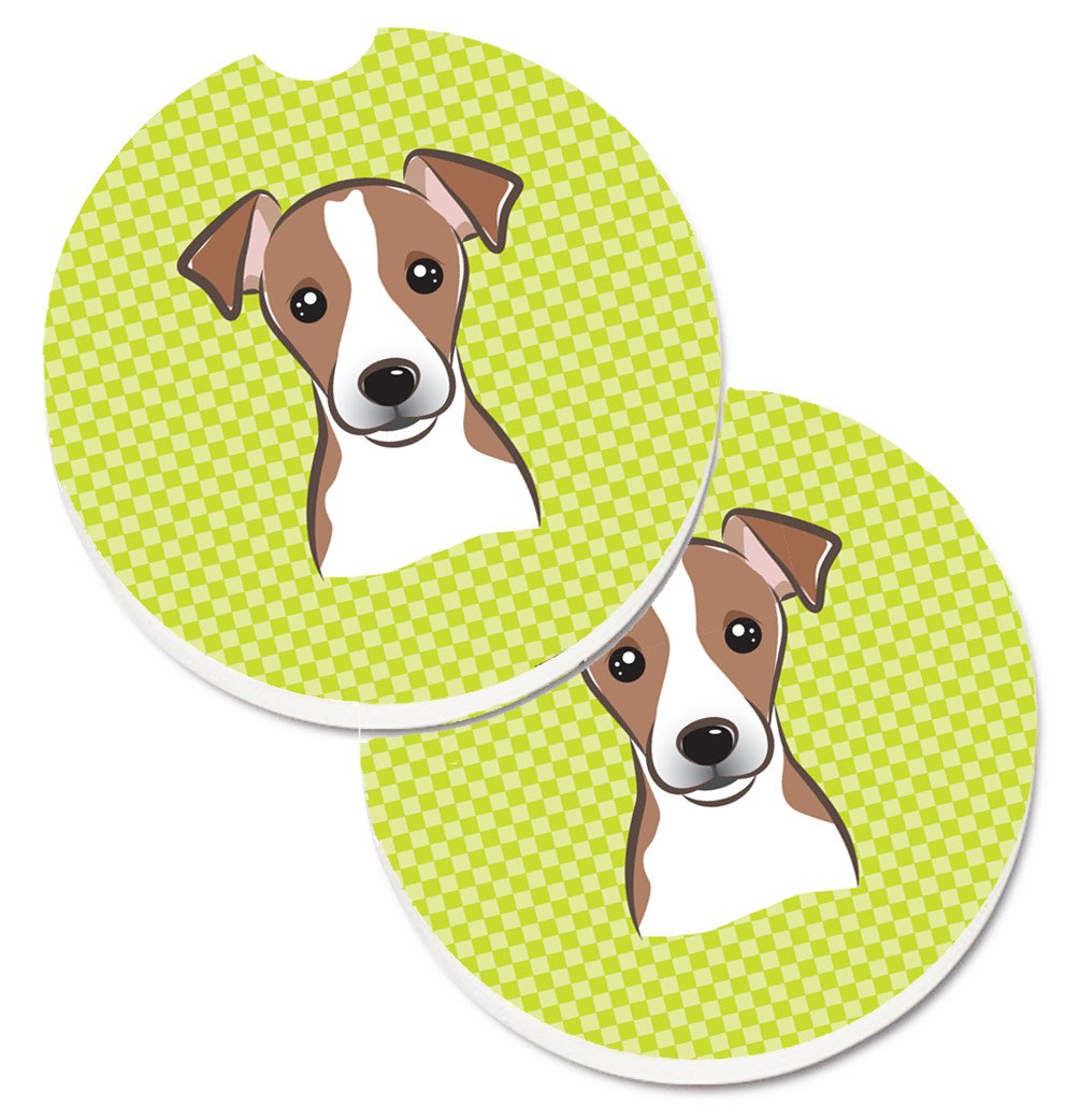 Checkerboard Lime Green Jack Russell Terrier Set of 2 Cup Holder Car Coasters BB1322CARC by Caroline&#39;s Treasures