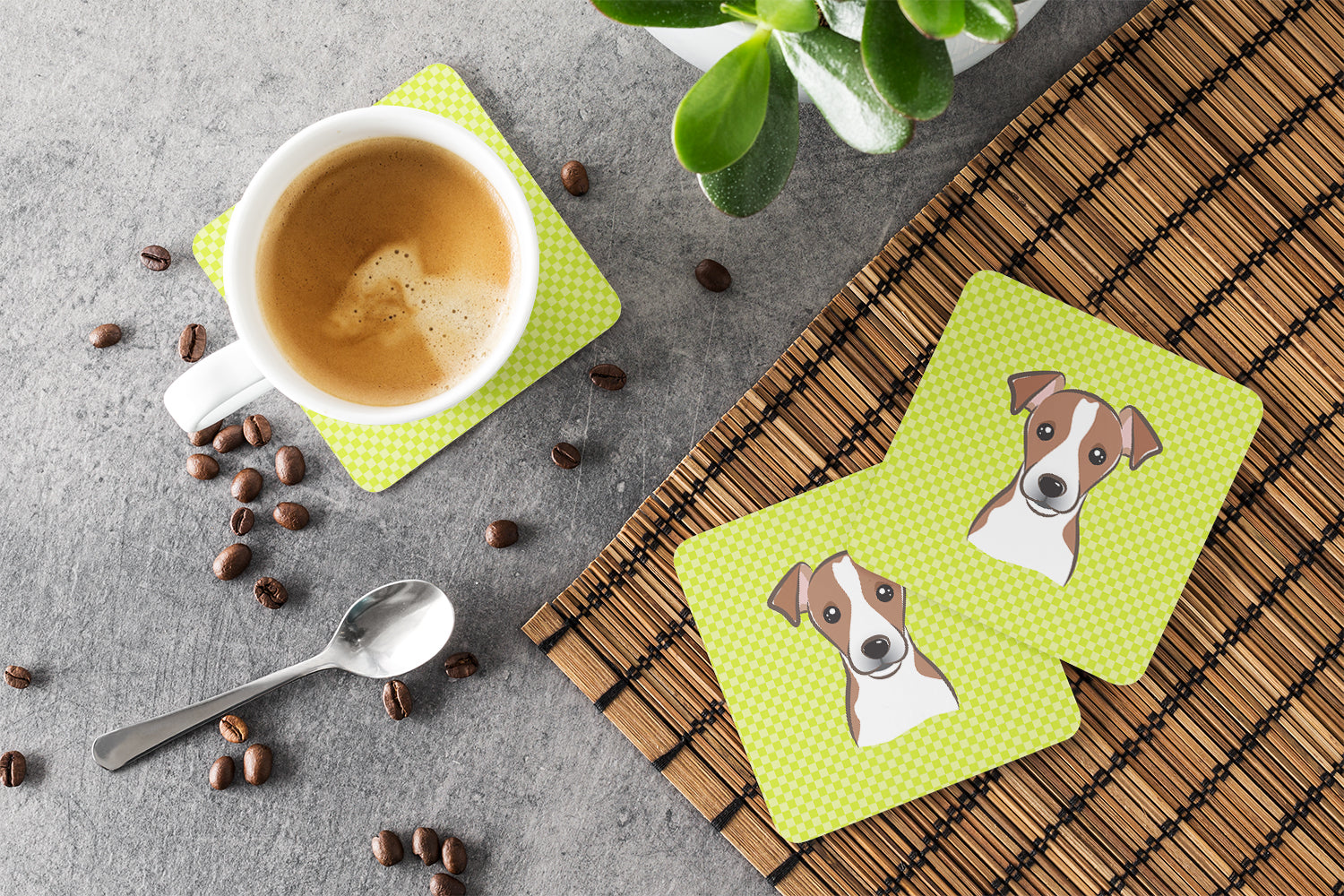 Set of 4 Checkerboard Lime Green Jack Russell Terrier Foam Coasters BB1322FC - the-store.com
