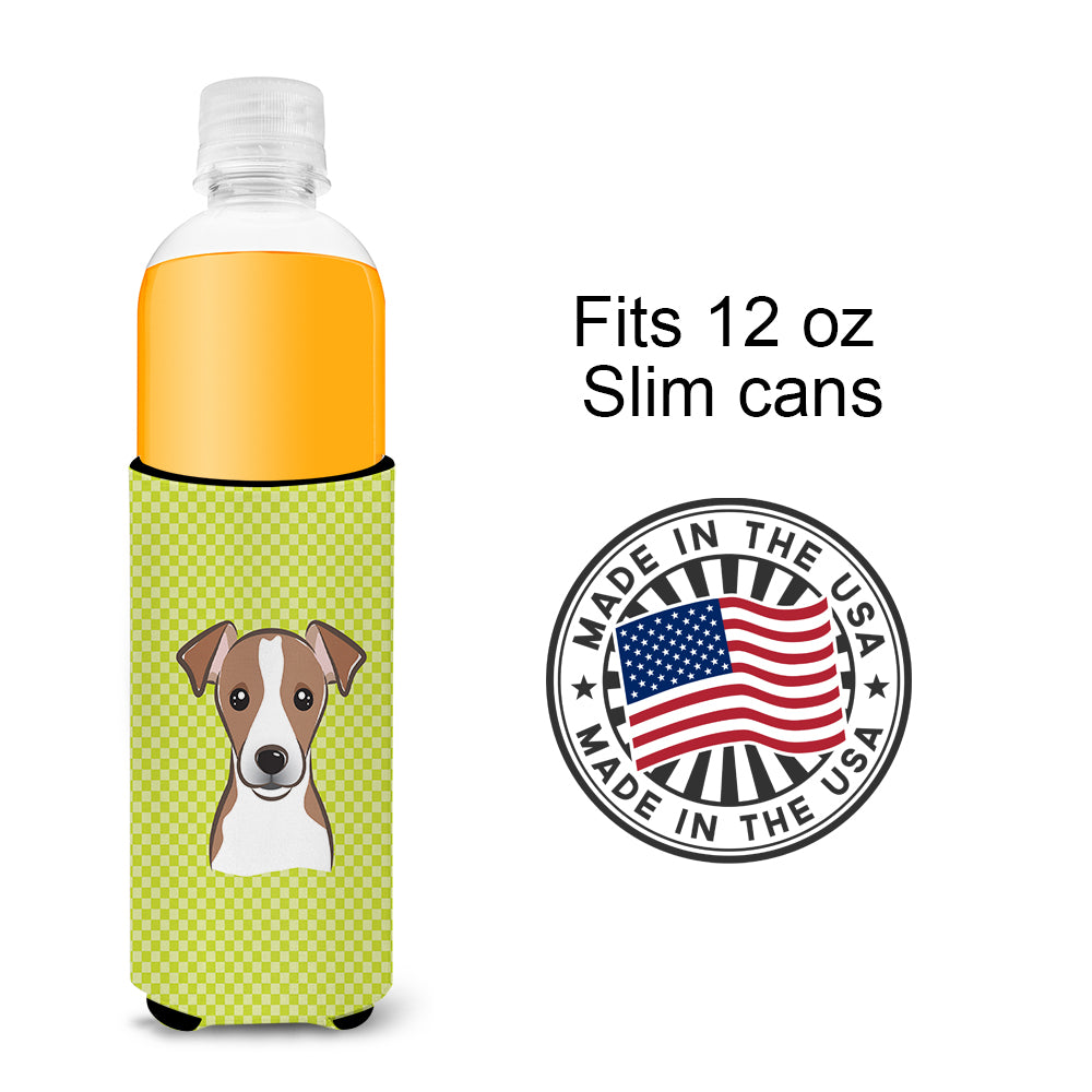 Checkerboard Lime Jack Russell Terrier Ultra Beverage Insulators for slim cans