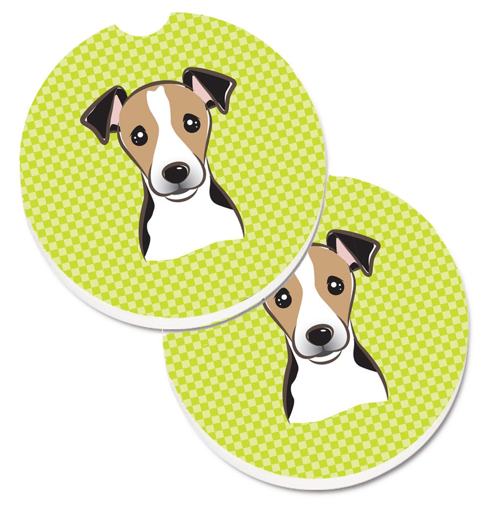 Checkerboard Lime Green Jack Russell Terrier Set of 2 Cup Holder Car Coasters BB1323CARC by Caroline&#39;s Treasures