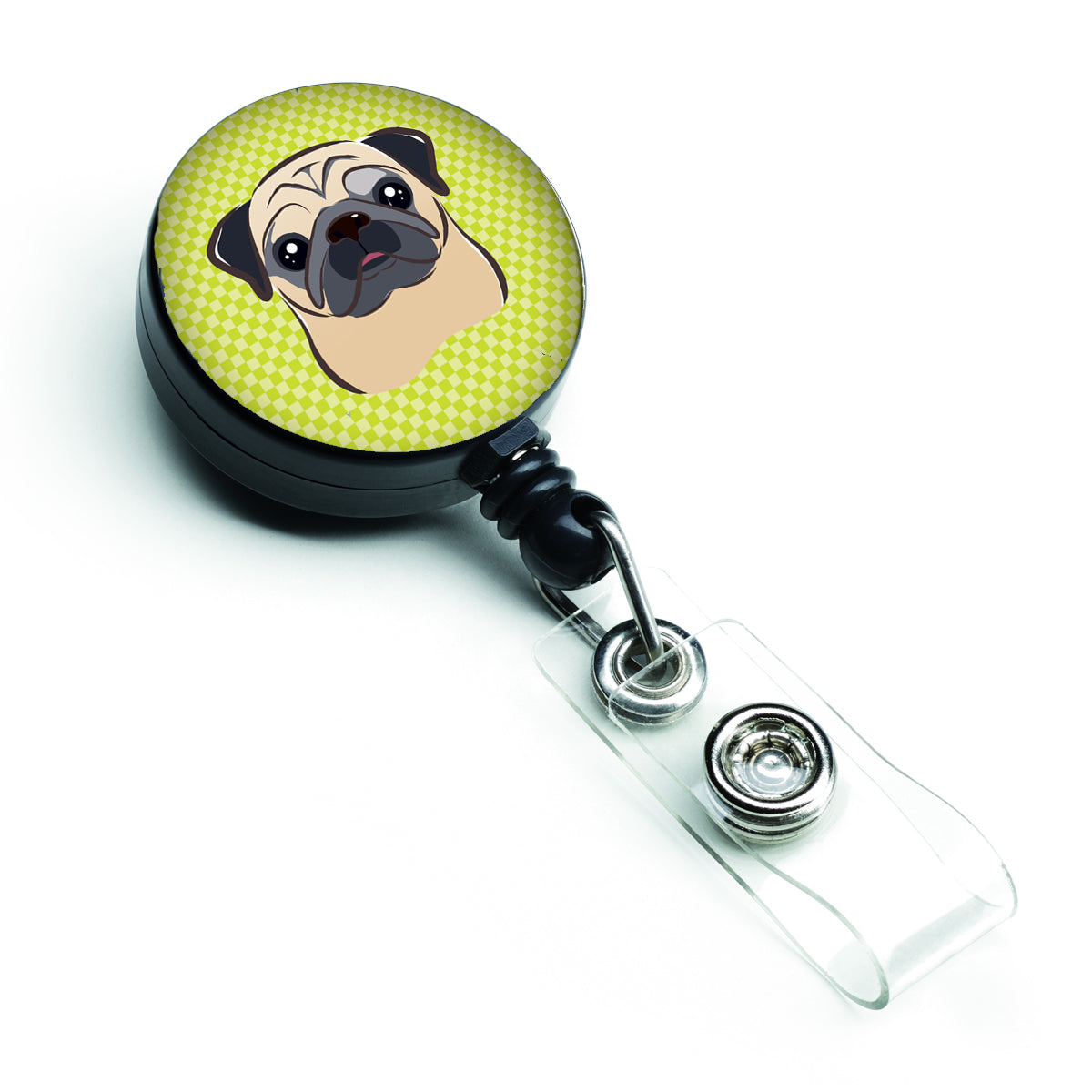 Checkerboard Lime Green Fawn Pug Retractable Badge Reel BB1324BR.