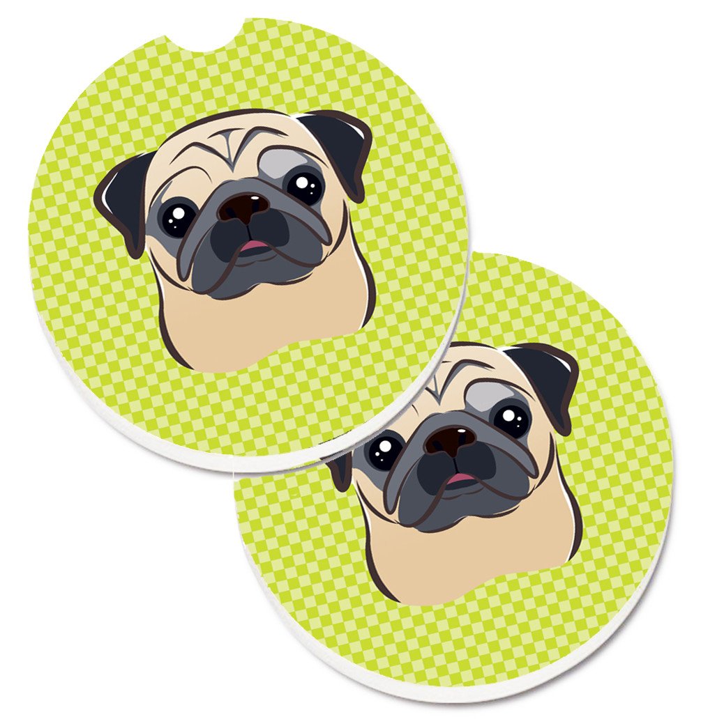 Checkerboard Lime Green Fawn Pug Set of 2 Cup Holder Car Coasters BB1324CARC by Caroline&#39;s Treasures