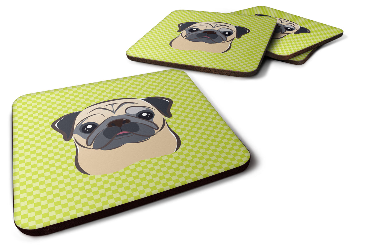 Set of 4 Checkerboard Lime Green Fawn Pug Foam Coasters BB1324FC - the-store.com