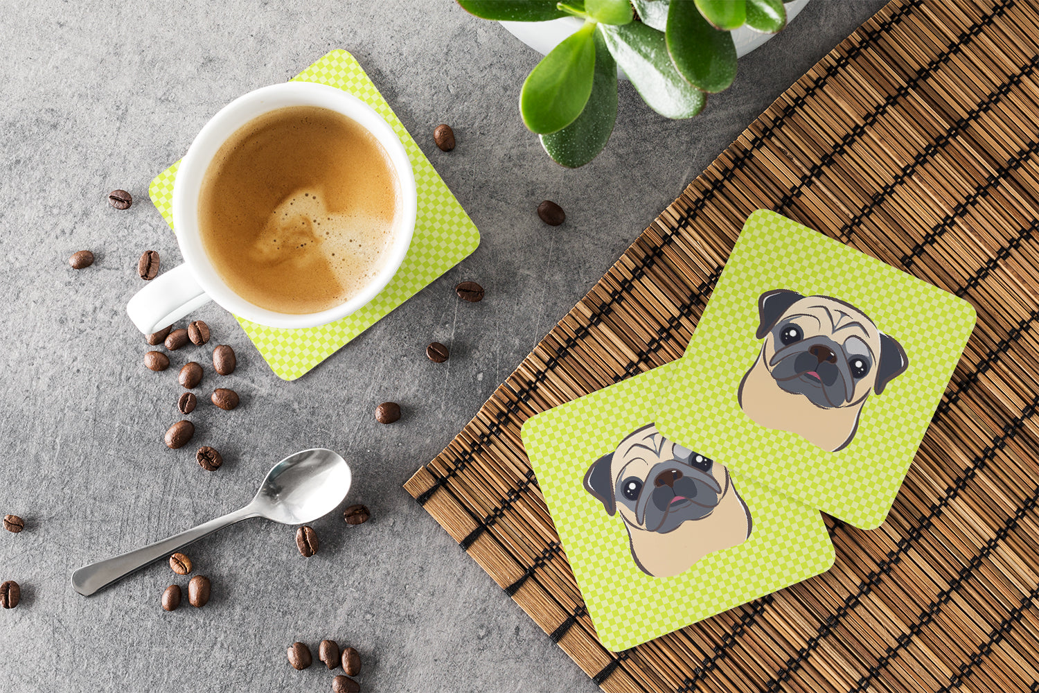Set of 4 Checkerboard Lime Green Fawn Pug Foam Coasters BB1324FC - the-store.com