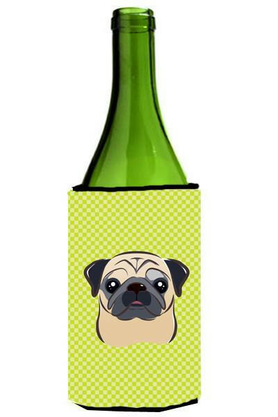 Checkerboard Lime Green Fawn Pug Wine Bottle Beverage Insulator Hugger BB1324LITERK by Caroline&#39;s Treasures