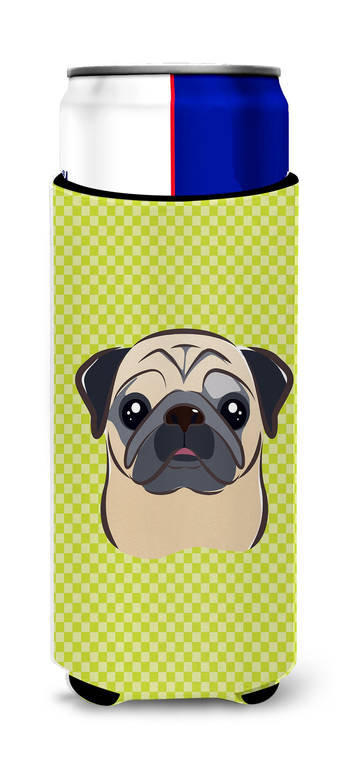 Checkerboard Lime Green Fawn Pug Ultra Beverage Insulators for slim cans BB1324MUK.