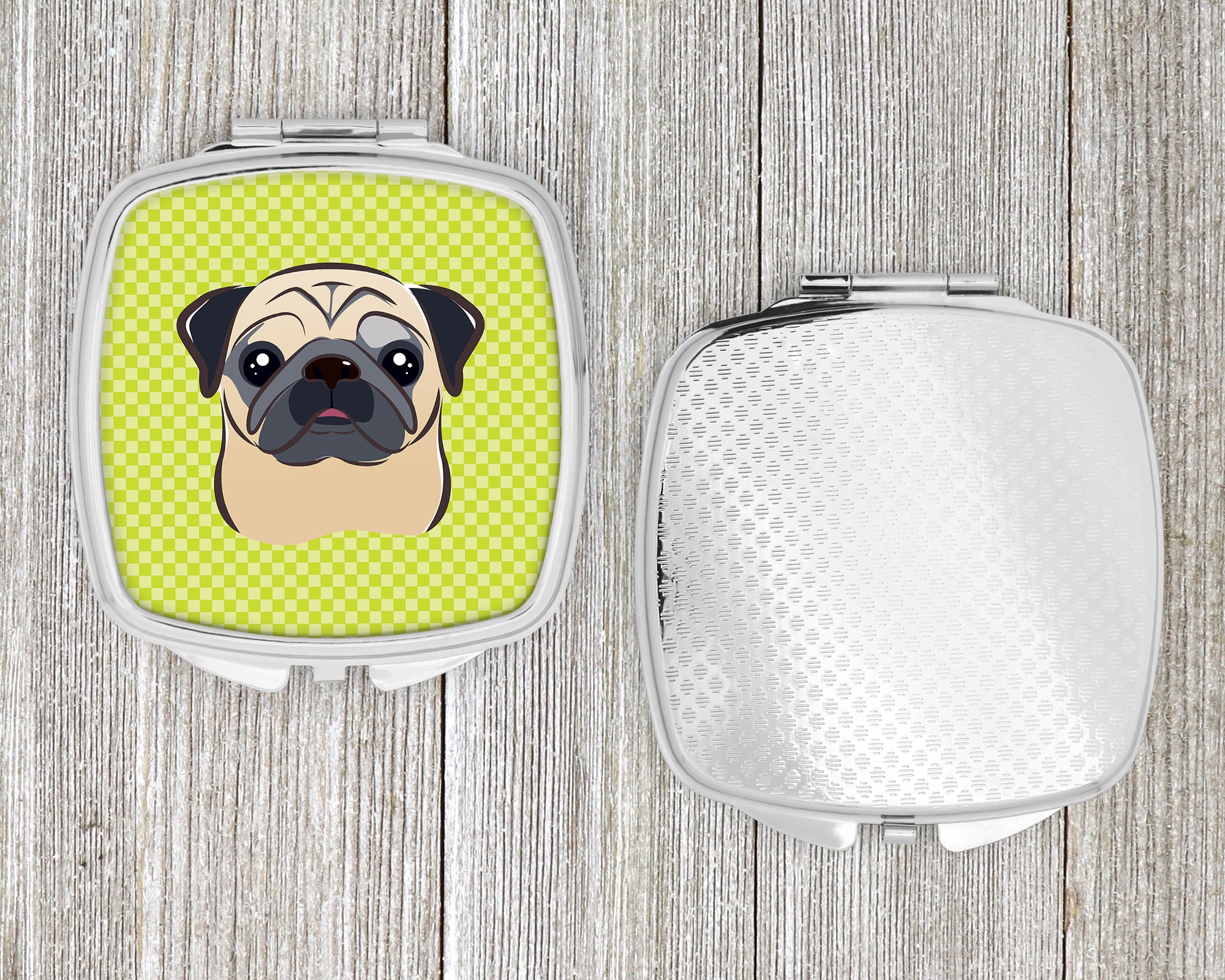 Checkerboard Lime Green Fawn Pug Compact Mirror BB1324SCM  the-store.com.