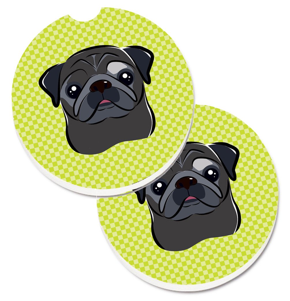 Checkerboard Lime Green Black Pug Set of 2 Cup Holder Car Coasters BB1325CARC by Caroline&#39;s Treasures