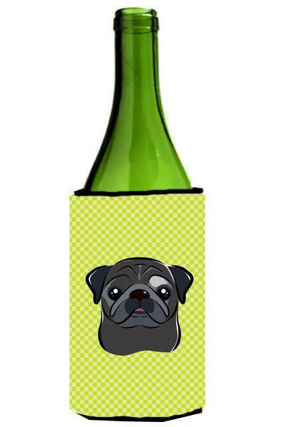 Checkerboard Lime Green Black Pug Wine Bottle Beverage Insulator Hugger BB1325LITERK by Caroline&#39;s Treasures