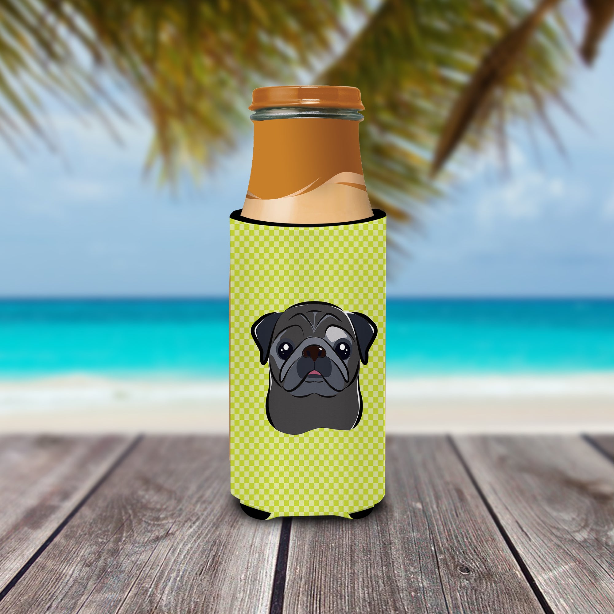 Checkerboard Lime Green Black Pug Ultra Beverage Insulators for slim cans BB1325MUK
