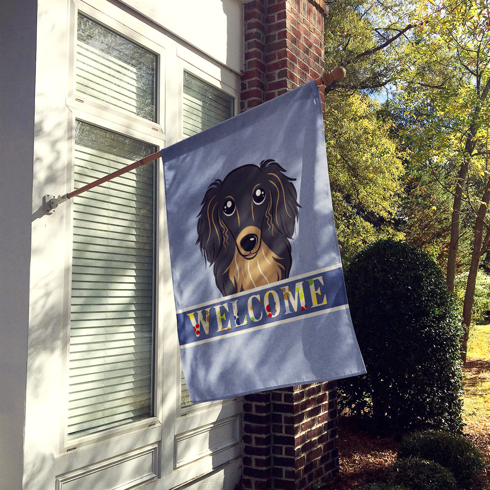 Longhair Black and Tan Dachshund Welcome Flag Canvas House Size BB1399CHF  the-store.com.