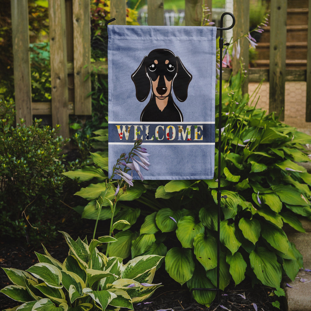 Smooth Black and Tan Dachshund Welcome Flag Garden Size BB1401GF.