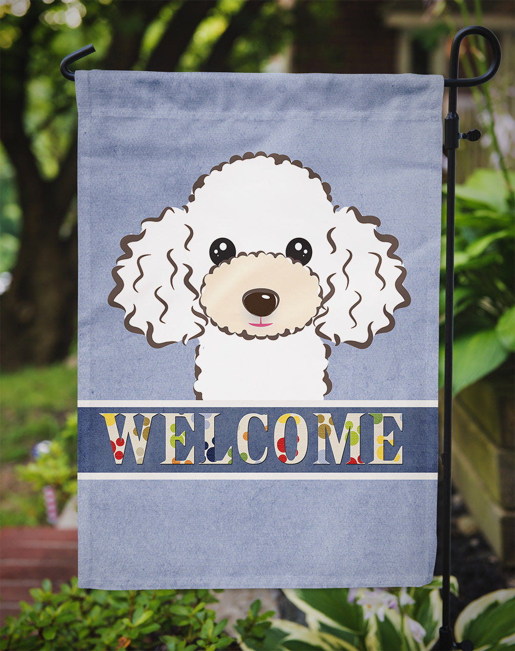 White Poodle Welcome Flag Garden Size BB1443GF.