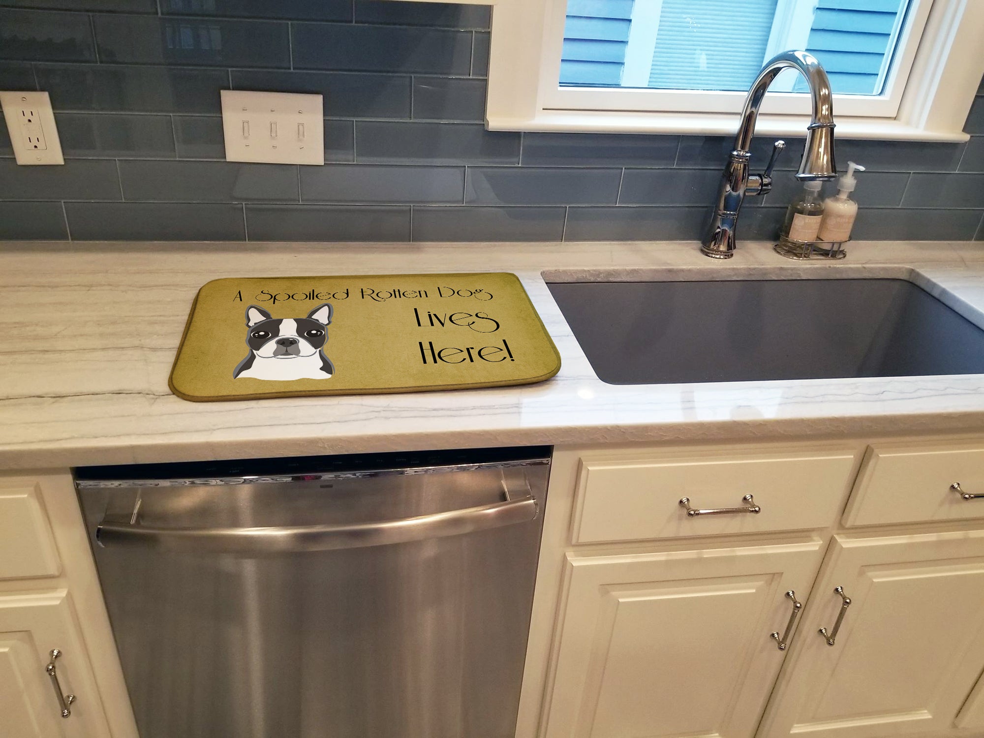Boston Terrier Spoiled Dog Lives Here Dish Drying Mat BB1451DDM